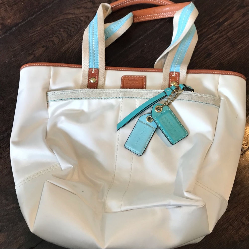 Coach white and blue zip tote with monogram lining